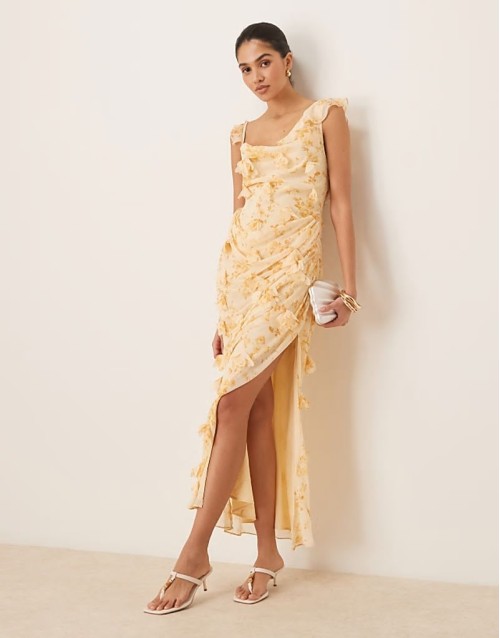 3D flower draped ruffle sve midaxi dress with open back in ditsy floral print