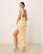 3D flower draped ruffle sve midaxi dress with open back in ditsy floral print
