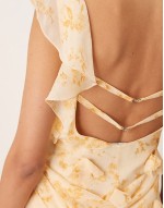 3D flower draped ruffle sve midaxi dress with open back in ditsy floral print