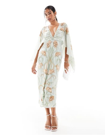 cape midi dress with floral embellishment in sage green cape midi dress with floral embellishment in sage green