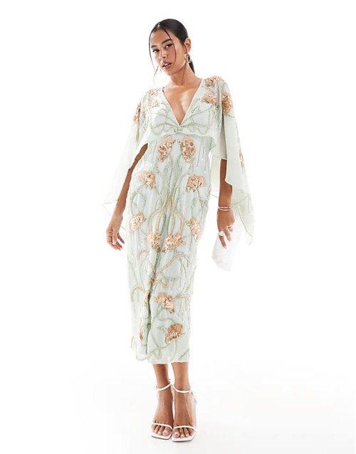 cape midi dress with floral embellishment in sage green