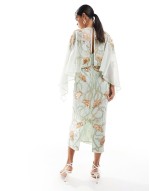 cape midi dress with floral embellishment in sage green