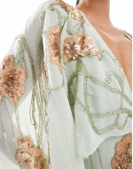 cape midi dress with floral embellishment in sage green