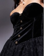 velvet  mini dress with lace sve and gold buttons in black