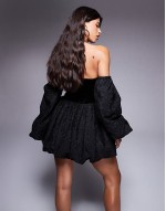 velvet  mini dress with lace sve and gold buttons in black