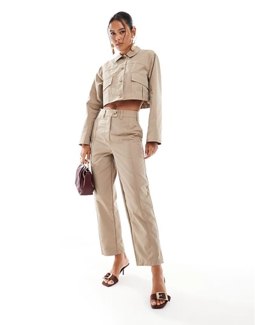 shacket and clean front barrel trousers co-ord in stone