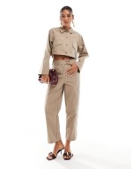 shacket and clean front barrel trousers co-ord in stone